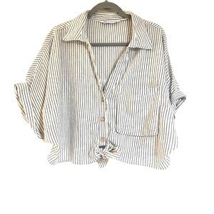 Zara button front dolman sleeve linen striped tie front shirt